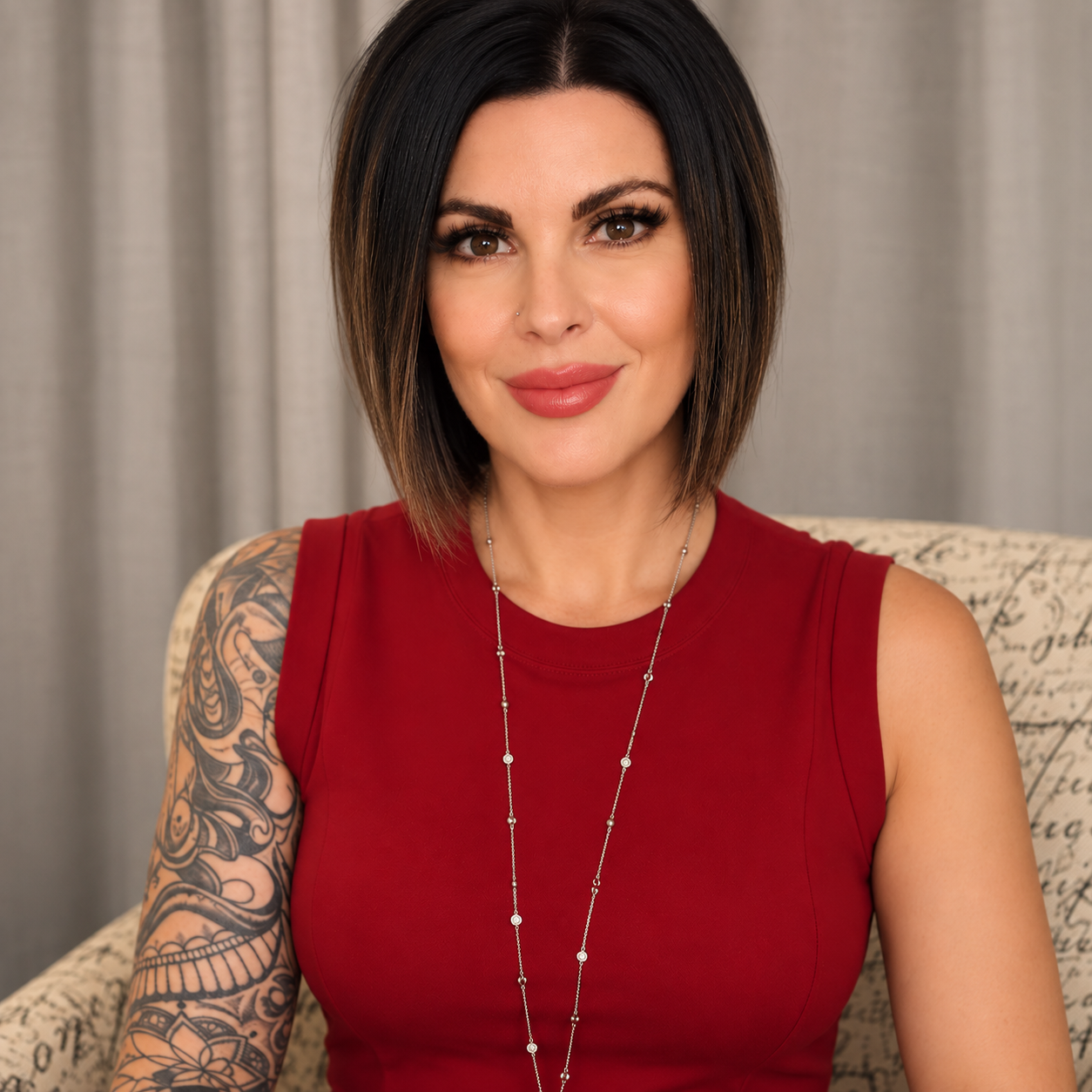 Jen Kourtei in a red top